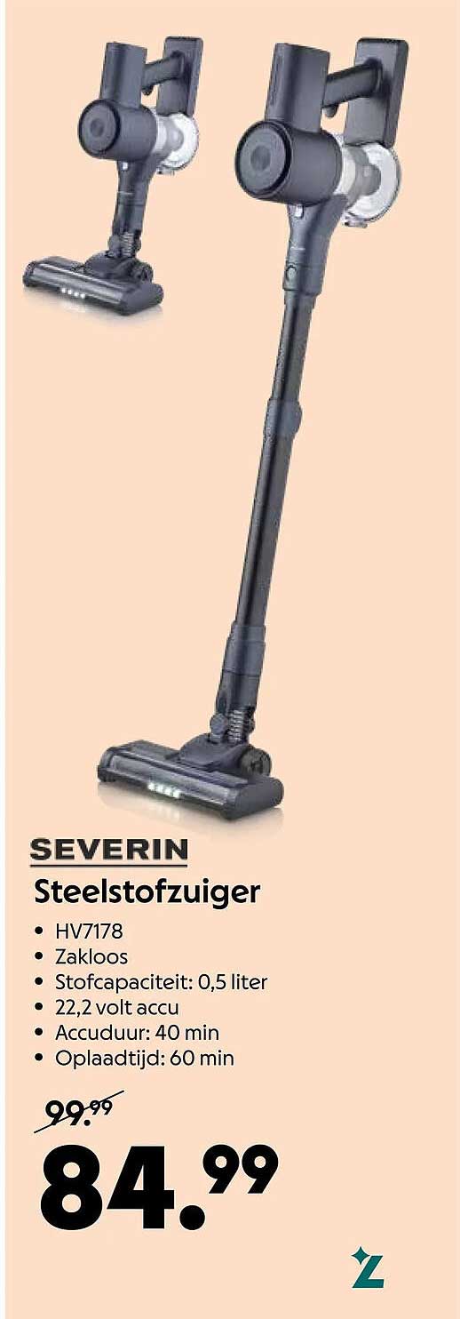 SEVERIN Steelstofzuiger HV7178 Zakloos 0,5 liter 22,2 volt accu 40 min 60 min