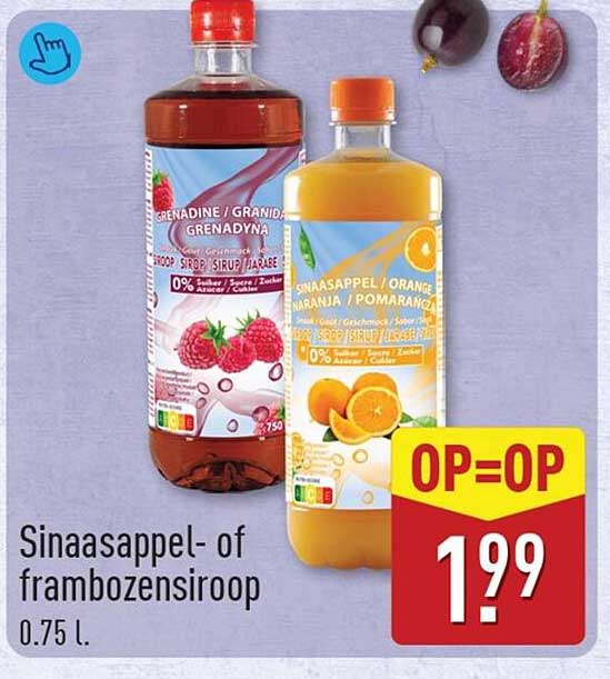 Sinaasappel- of frambozensiroop 0.75 L. OP=OP