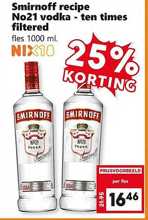 Smirnoff recipe No21 vodka - ten times filtered fles 1000 ml. MIX18 25% KORTING