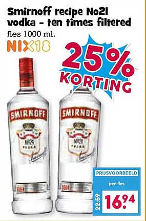 Smirnoff recipe No21 vodka - ten times filtered fles 1000 ml. NIX18 25% KORTING