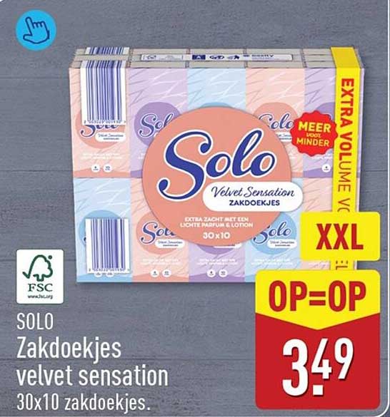 SOLO Zakdoekjes velvet sensation 30x10 zakdoekjes. XXL OP=OP