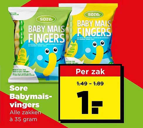 Sore Babymais-vingers Alle zakken à 35 gram