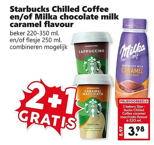 Starbucks Chilled Coffee en/of Milka chocolate milk caramel flavour 2+1 GRATIS