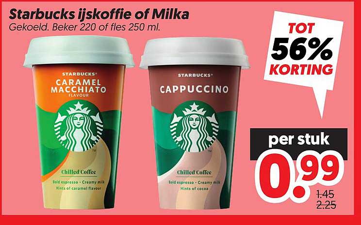Starbucks ijskoffie of Milka - Gekoeld. Beker 220 of fles 250 ml. TOT 56% KORTING
