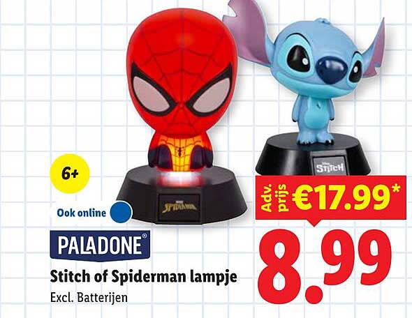 Stitch of Spiderman lampje Excl. Batterijen