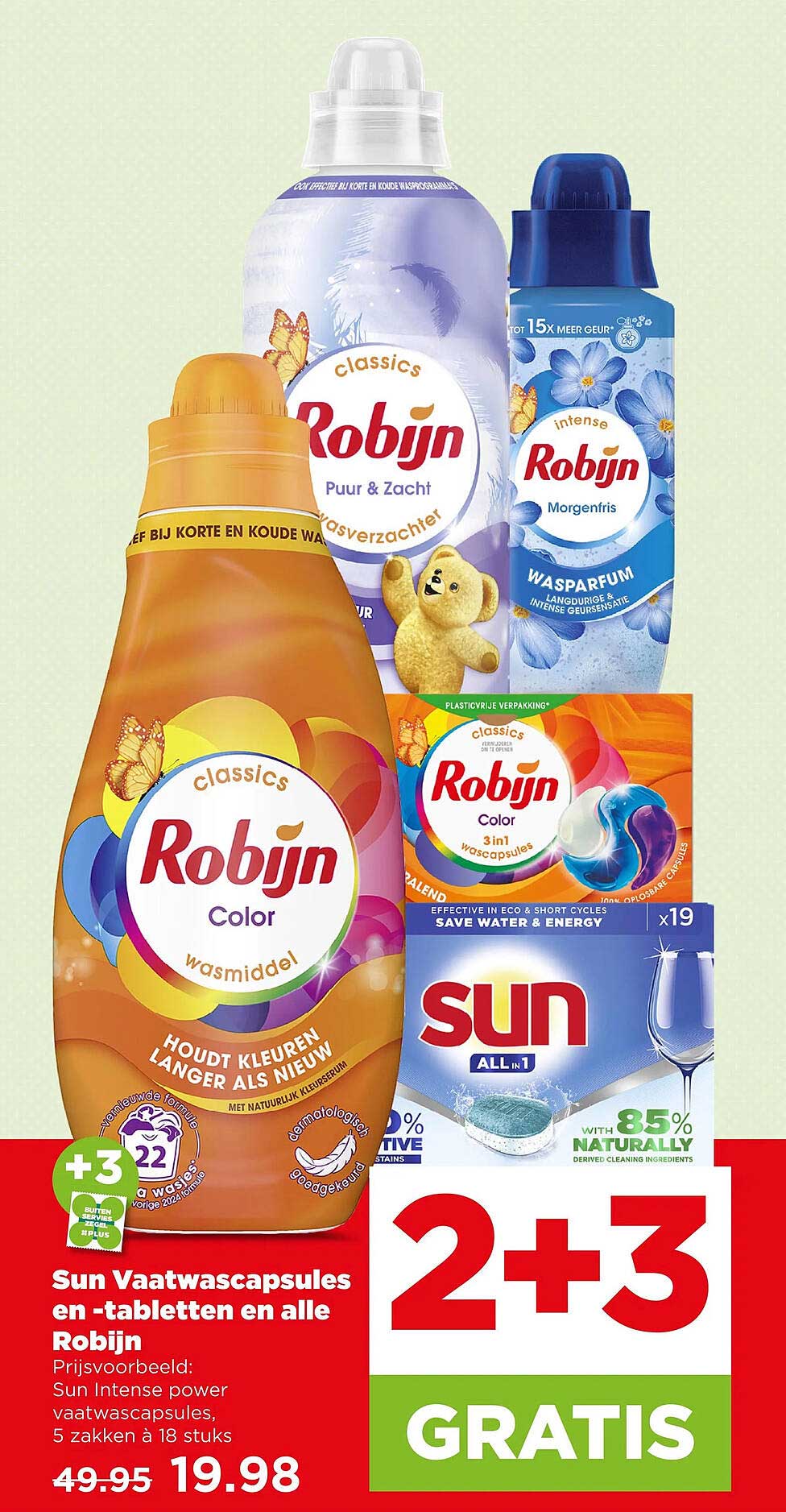 Sun Vaatwascapsules en -tabletten en alle Robijn 2+3 GRATIS