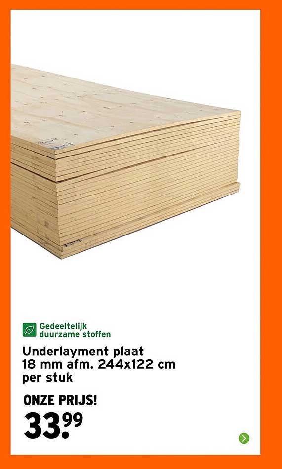 Underlayment plaat 18 mm afm. 244x122 cm per stuk