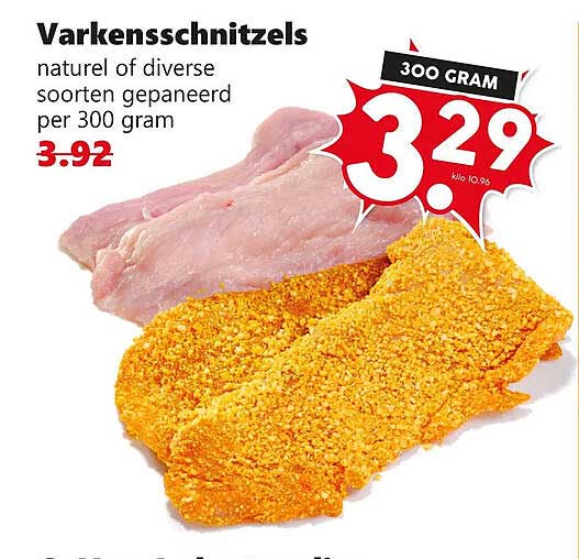 Varkensschnitzels naturel of diverse soorten gepaneerd per 300 gram
