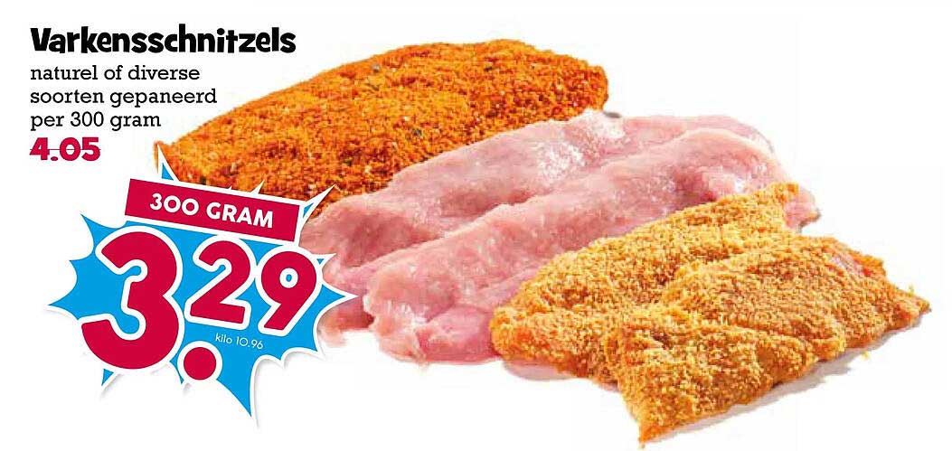 Varkensschnitzels naturel of diverse soorten gepaneerd per 300 gram