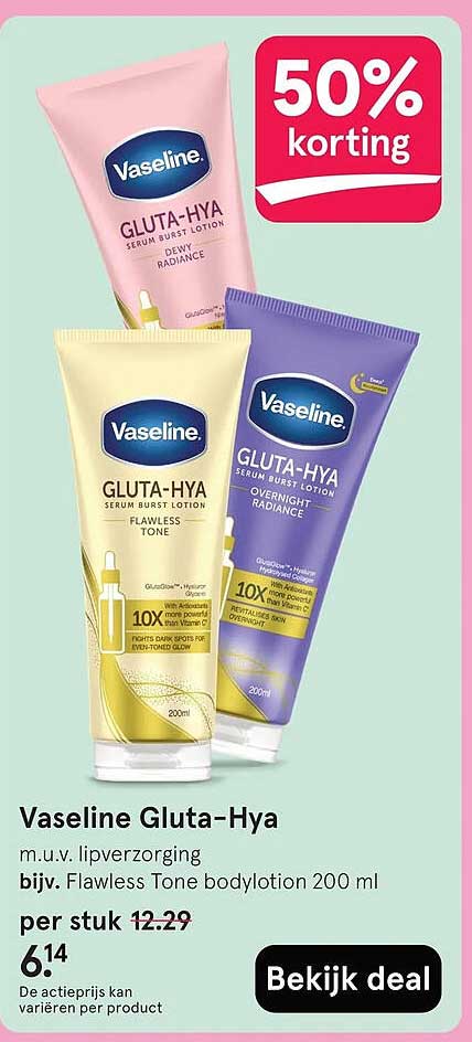 Vaseline Gluta-Hya m.u.v. lipverzorging bijv. Flawless Tone bodylotion 200 ml 50% korting