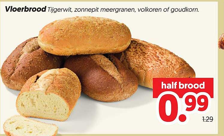 Vloerbrood Tijgerwit, zonnepit meergranen, volkoren of goudkorn. half brood