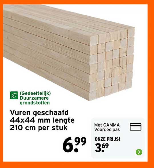 Vuren geschaafd 44x44 mm lengte 210 cm per stuk