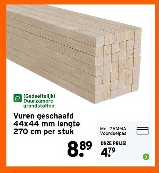 Vuren geschaafd 44x44 mm lengte 270 cm per stuk