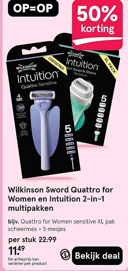 Wilkinson Sword Quattro for Women en Intuition 2-in-1 multipakken 50% korting