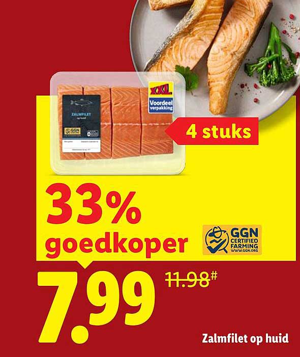 Zalmfilet op huid 4 stuks 33% goedkoper