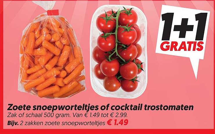Zoete snoepworteltjes of cocktail trostomaten 1+1 GRATIS