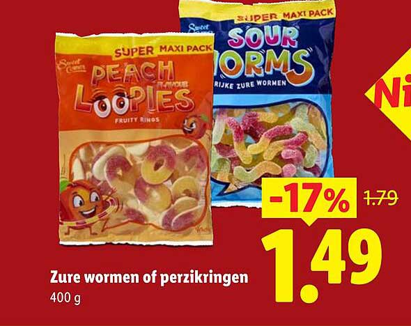 Zure wormen of perzikringen 400 g -17%