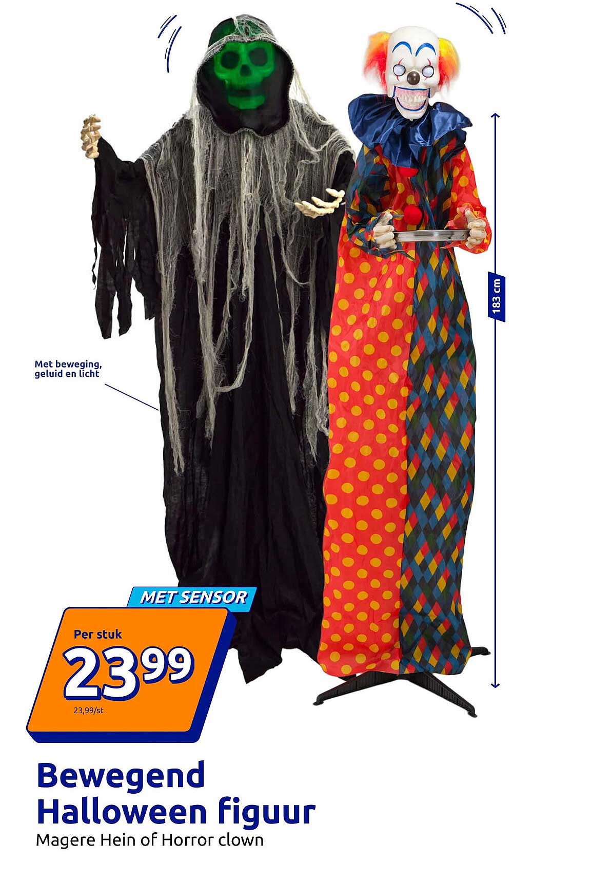 Bewegend Halloween figuur Magere Hein of Horror clown MET SENSOR