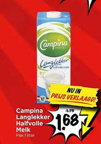 Campina Langlekker Halfvolle Melk Pak 1 liter NU IN PRIJS VERLAAGD!