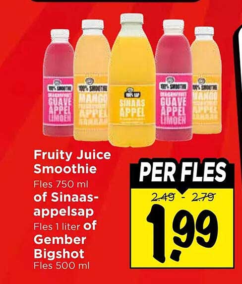 Fruity Juice Smoothie Fles 750 ml of Sinaasappelsap Fles 1 liter of Gember Bigshot Fles 500 ml PER FLES