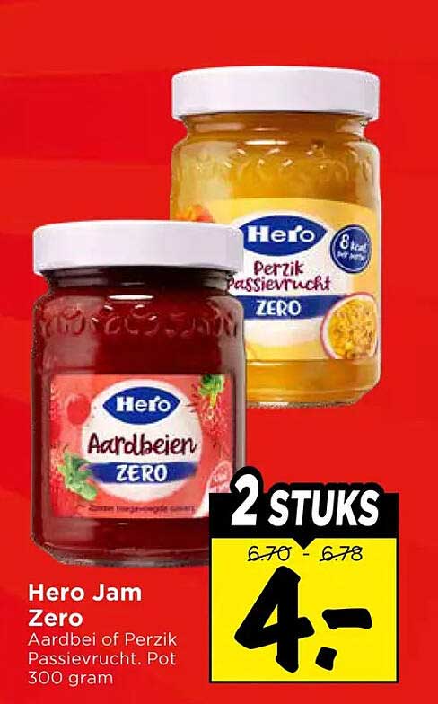 Hero Jam Zero Aardbei of Perzik Passievrucht. Pot 300 gram 2 stuks