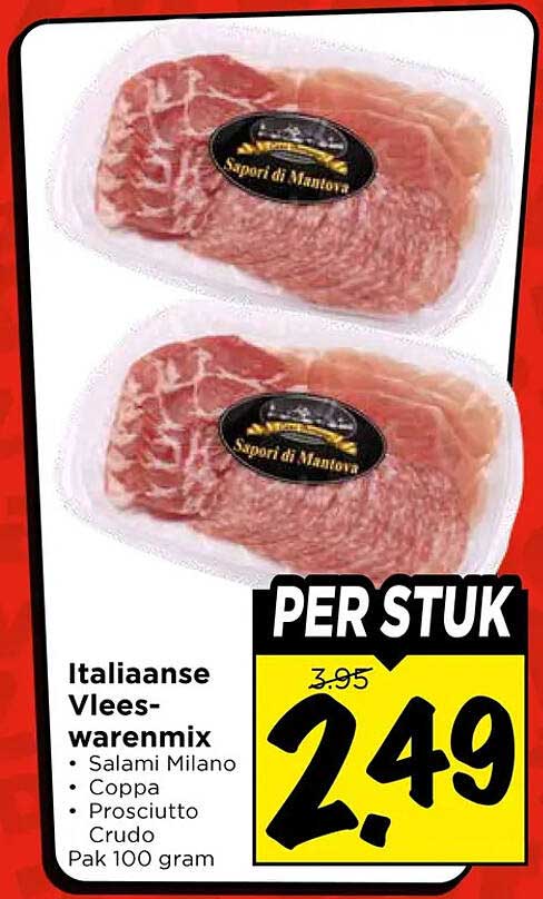 Italiaanse Vlees-warenmix - Salami Milano - Coppa - Prosciutto Crudo Pak 100 gram