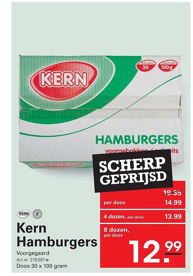 Kern Hamburgers Voorgegaard Doos 30 x 100 gram SCHERP GEPRIJSD