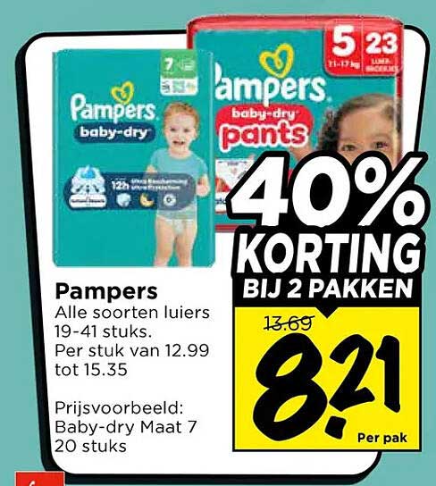 Pampers Alle soorten luiers 19-41 stuks. Per stuk van 12.99 tot 15.35. 40% KORTING BIJ 2 PAKKEN