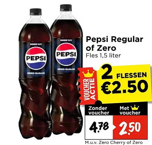 Pepsi Regular of Zero Fles 1,5 liter 2 FLESSEN €2.50