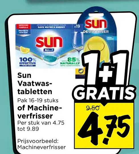 Sun Vaatwastabletten Pak 16-19 stuks of Machineverfrisser Per stuk van 4.75 tot 9.89 1+1 GRATIS