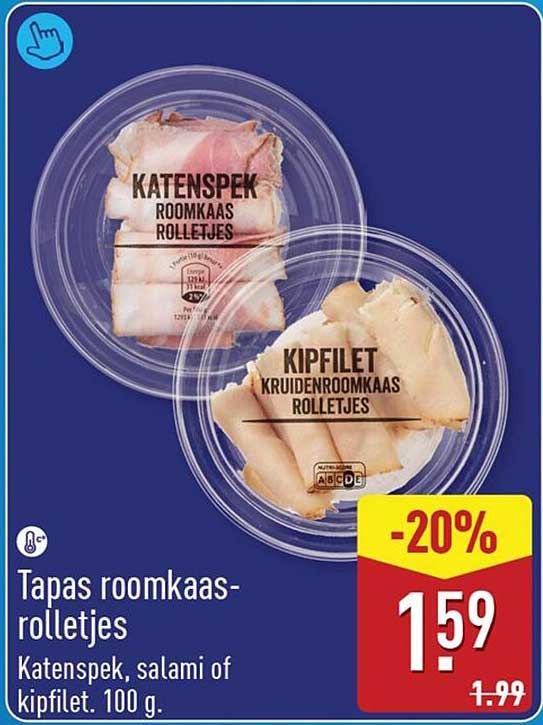Tapas roomkaas-rolletjes Katen spek, salami of kipfilet. 100 g. -20%