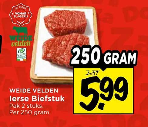 Weide Velden Ierse Biefstuk Pak 2 stuks. Per 250 gram 250 GRAM