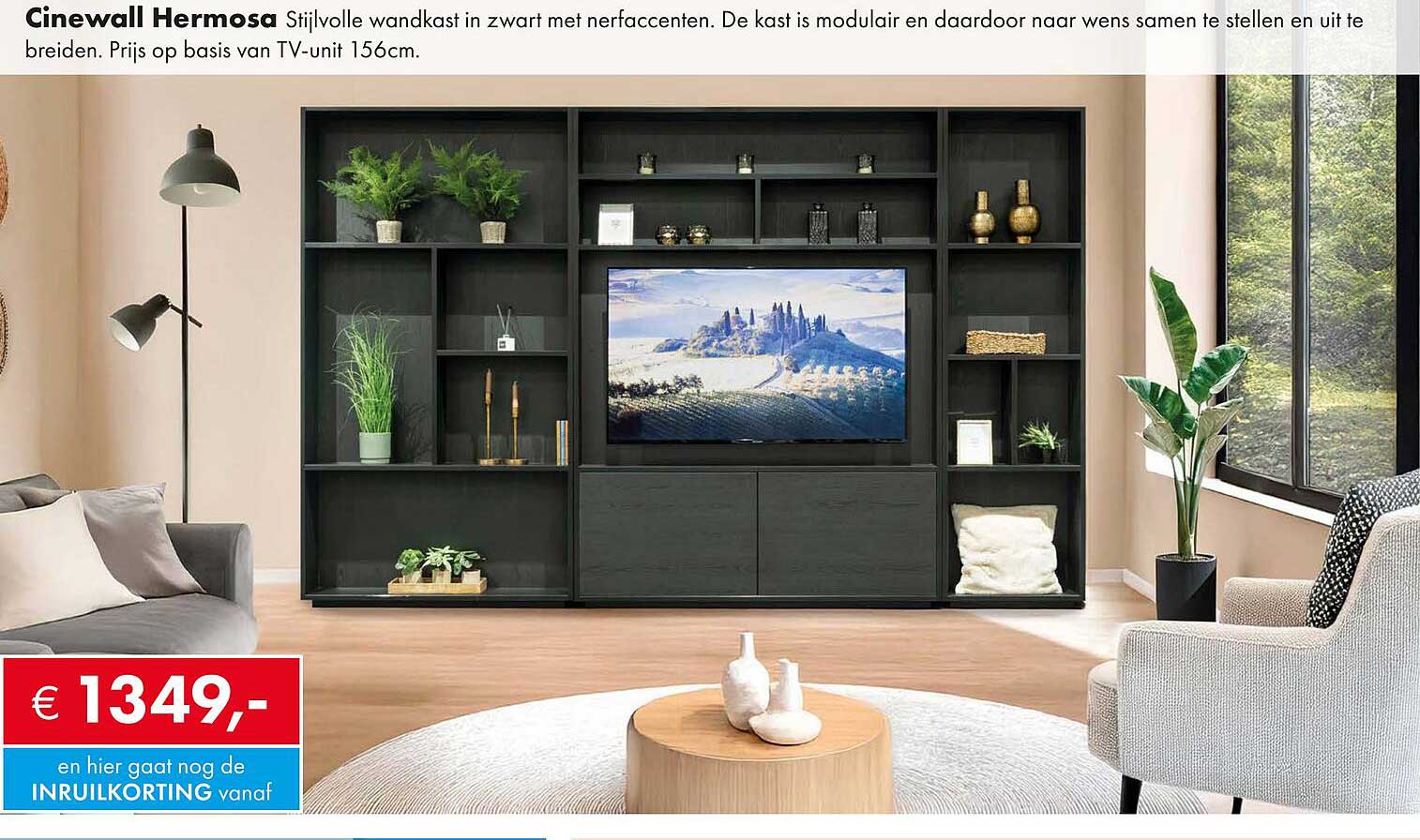 Cinewall Hermosa Stijlvolle wandkast in zwart met nerfaccenten.
