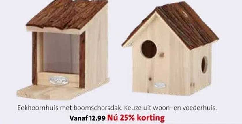 Eekhoornhuis met boomschorsdak. Keuze uit woon- en voederhuis.