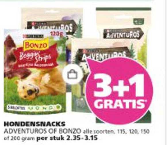 HONDENSNACKS ADVENTUROS OF BONZO alle soorten, 115, 120, 150 of 200 gram per stuk 2.35 - 3.15