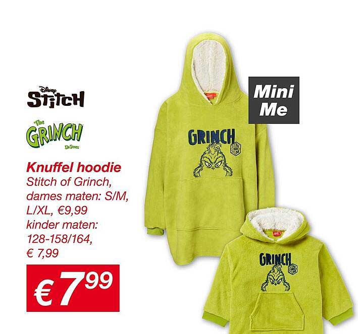 Knuffel hoodie Stitch of Grinch, dames maten: S/M, L/XL