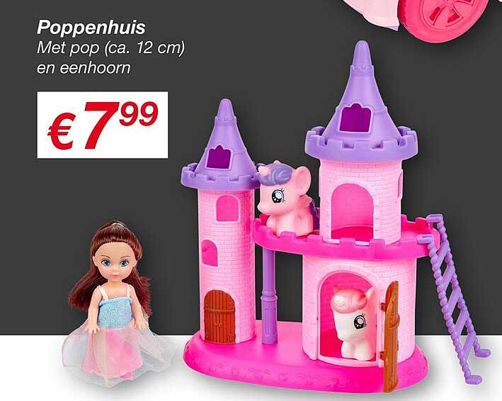 Poppenhuis met pop (ca. 12 cm) en eenhoorn
