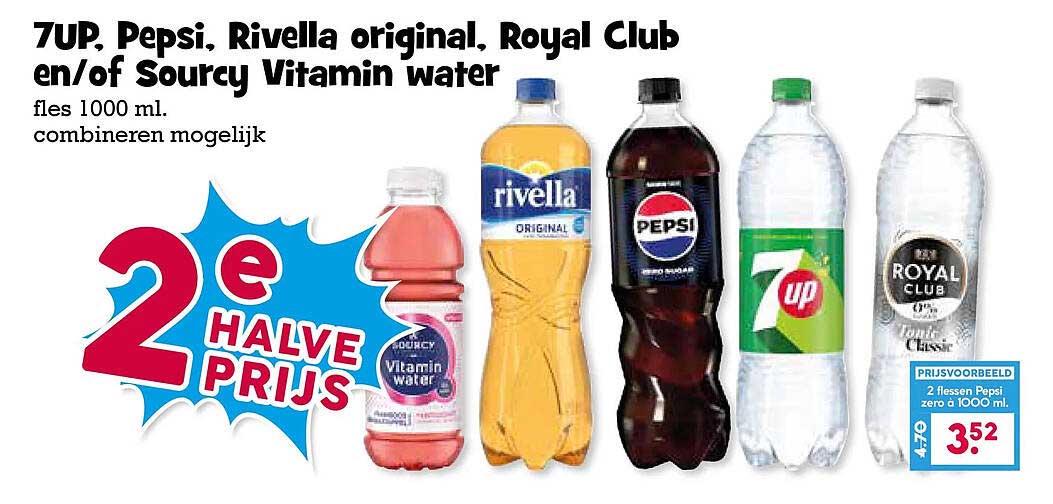 7UP, Pepsi, Rivella original, Royal Club en/of Sourcy Vitamin water 2e halve prijs