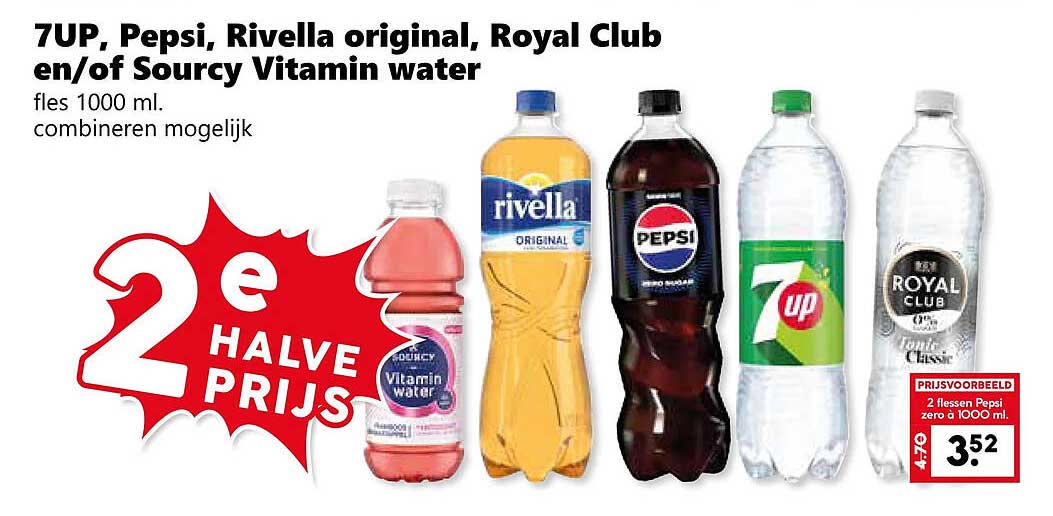 7UP, Pepsi, Rivella original, Royal Club en/of Sourcy Vitamin water 2e halve prijs