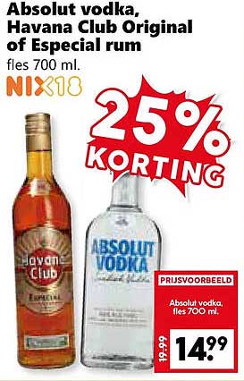 Absolut vodka, Havana Club Original of Especial rum fles 700 ml. NIX18 25% KORTING