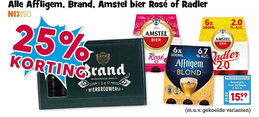 Alle Affligem, Brand, Amstel bier Rosé of Radler 25% korting