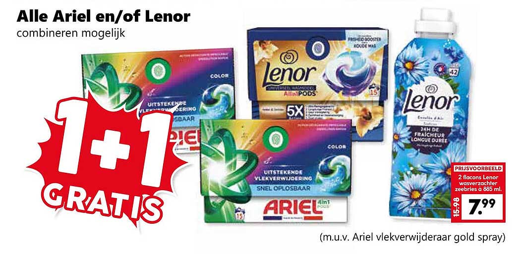 Alle Ariel en/of Lenor combineren mogelijk 1+1 GRATIS