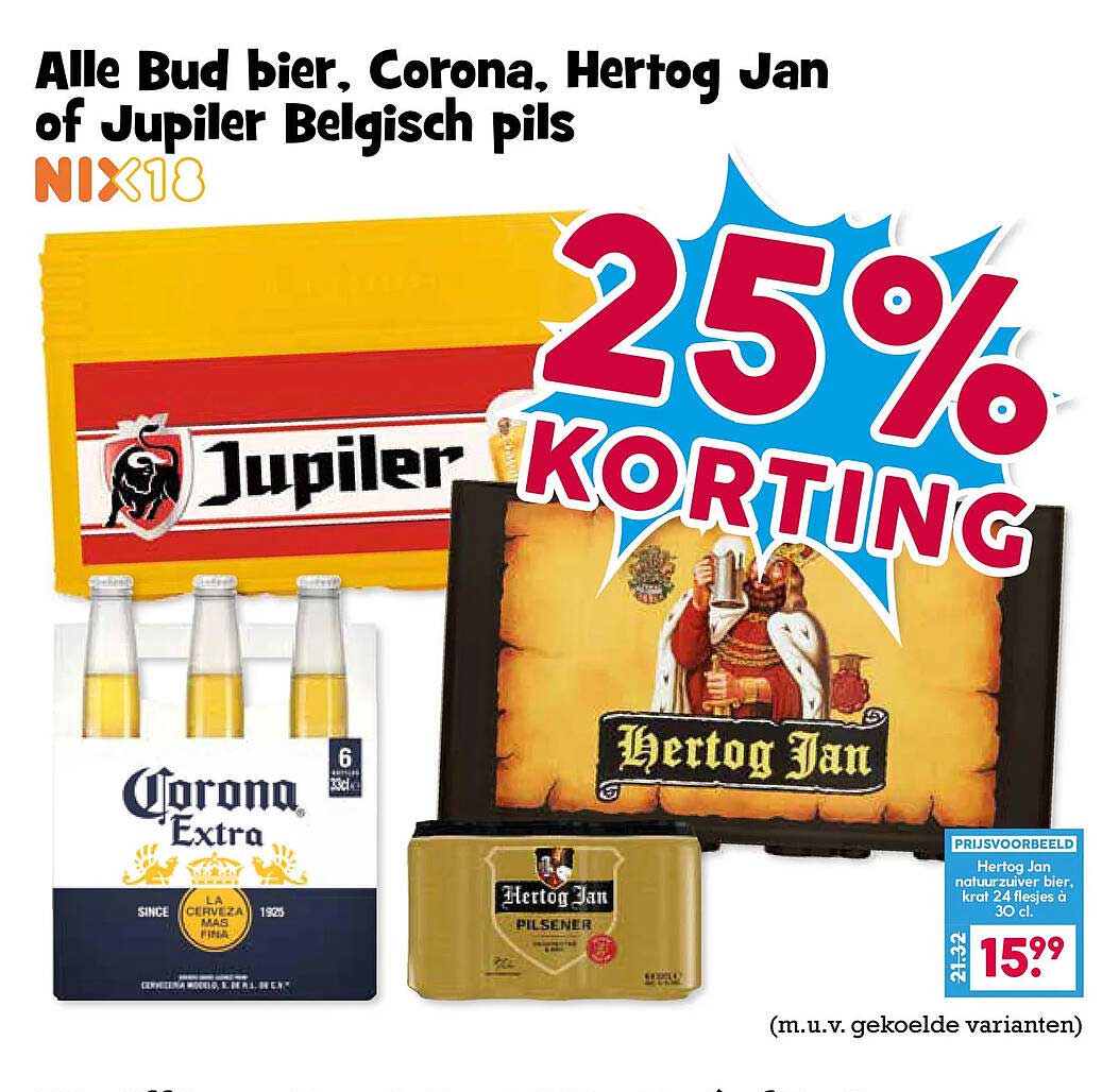 Alle Bud bier, Corona, Hertog Jan of Jupiler Belgisch pils 25% korting