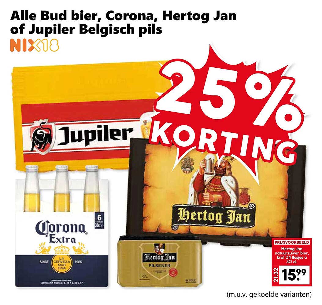 Alle Bud bier, Corona, Hertog Jan of Jupiler Belgisch pils 25% korting