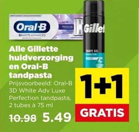 Alle Gillette huidverzorging en Oral-B tandpasta 1+1 GRATIS