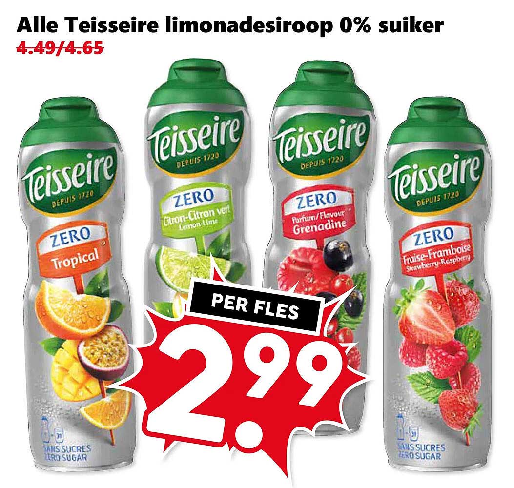 Alle Teisseire limonadesiroop 0% suiker PER FLES