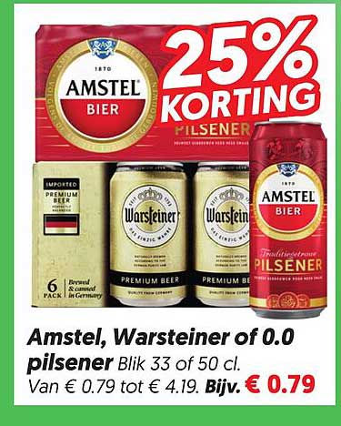 Amstel, Warsteiner of 0.0 pilsener Blik 33 of 50 cl. 25% korting