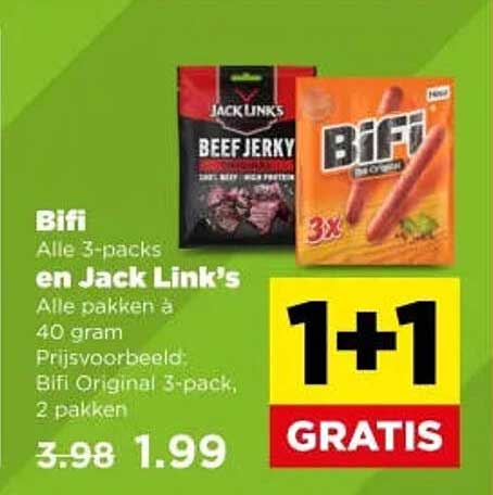Bifi Alle 3-packs en Jack Link's Alle pakken á 40 gram 1+1 GRATIS