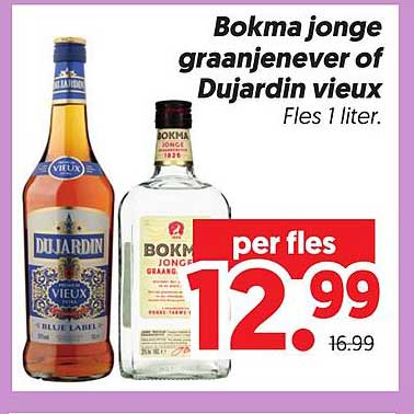 Bokma jonge graanjenever of Dujardin vieux Fles 1 liter. per fles