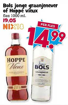 Bols jonge graanjenever of Hoppe vieux fles 1000 ml.